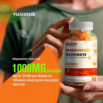 Magnesium Glycinate Gummies 1000mg - for Adults Magnesium Potassium Supplement with Vitamin D, B6, CoQ10 for Calm Mood & Sleep Support - 60 Orange Gummies -1 Pack