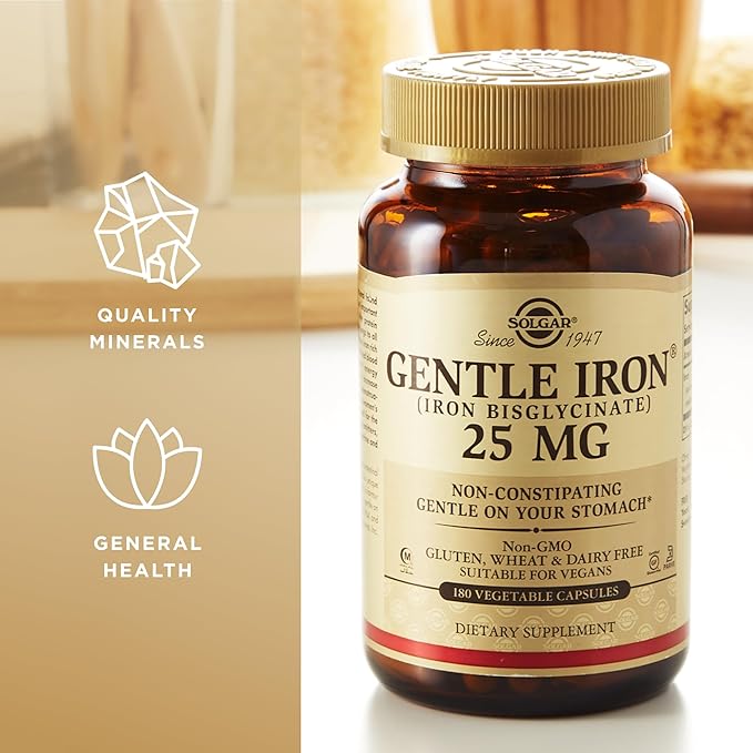 Solgar Gentle Iron (Iron Bisglycinate) 25 mg - 180 Vegetable Capsules, Pack of 3 - Non-Constipating, Gentle on Your Stomach - Non-GMO, Gluten Free - 540 Total Servings