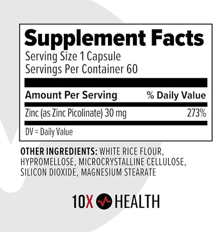 10X Health Zinc Supplements - Contains Zinc 30mg for DNA & Protein Synthesis, Overall Wellness & Immune Support Supplement - Highly Absorbable Vitamins (60 Capsules)