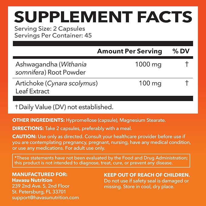 Ashwagandha Capsules 1000mg with Artichoke Extract for Stress & Mood Support - Vegan, Non-GMO Withania Somnifera Supplement for Energy & Focus - 45-Day Supply, Extra Strength Adaptogenic Formula