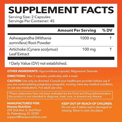 Ashwagandha Capsules 1000mg with Artichoke Extract for Stress & Mood Support - Vegan, Non-GMO Withania Somnifera Supplement for Energy & Focus - 45-Day Supply, Extra Strength Adaptogenic Formula