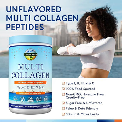Terranics Multi Collagen Peptides Powder, Type I II III V X Collagen for Women & Men, Collagen Supplements for Skin, Nail, Hair, Easy to Dissolve, Unflavored, No Sugar, Keto, 8oz