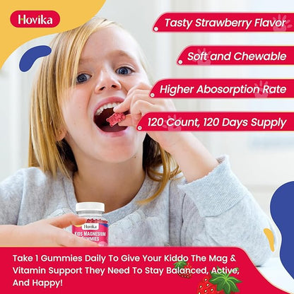 Magnesium Citrate Gummies for Kids - Great Tasting Kids Magnesium Calm Supplement Support Nerve & Bone Health, Strong Muscle for Kids Wellness, Vegan Strawberry Flavor Low-Sugar, 2 Pack-60 Count