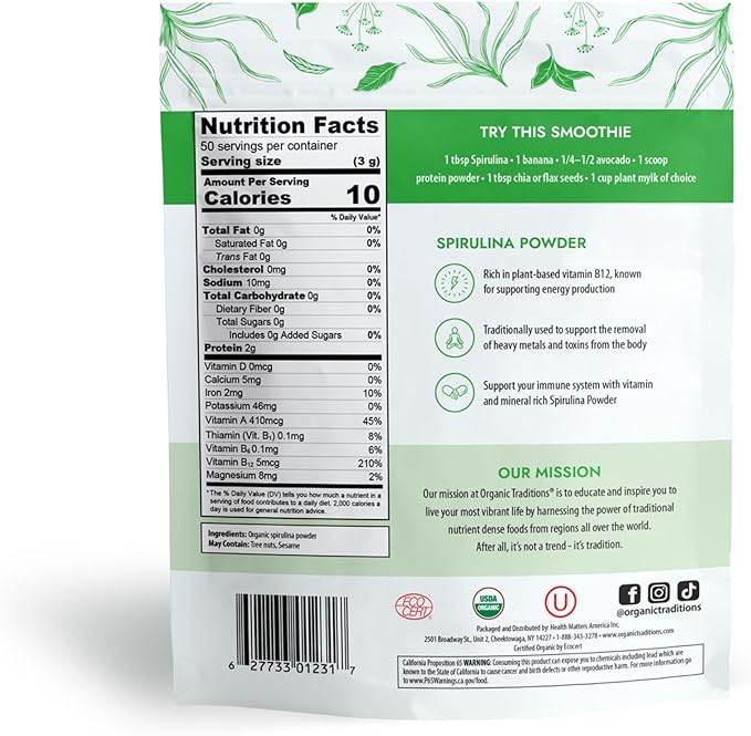 Organic Traditions Organic Spirulina Powder Vegan Non-GMO Superfood, 5.3oz (150g) Bag, 50 Servings per Bag