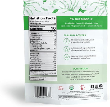 Organic Traditions Organic Spirulina Powder Vegan Non-GMO Superfood, 5.3oz (150g) Bag, 50 Servings per Bag