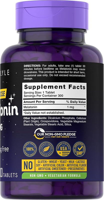 Carlyle Melatonin 1 mg | 300 Low Dose Tablets | Drug Free Aid | Vegetarian, Non-GMO, Gluten Free