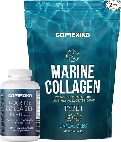 CORREXIKO Marine Collagen Supplement Pills & Powder Bundle 1 Month Supply - Includes 10,000mg Double Hydrolyzed Collagen Powder 15oz & 1800mg Collagen Peptides 120 Capsules - for Hair, Skin & Nails