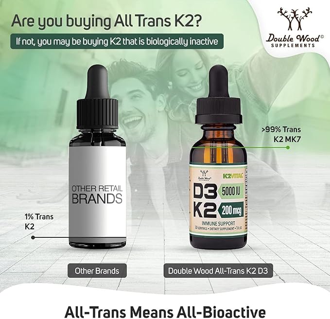 Vitamin D3 K2 5,000 IU Liquid Drops (5,000 IU of D3 and 200mcg of 99.9% All-Trans Patented K2 MK-7 (K2Vital)) Max Absorption Liquid Vitamin D Drops (30 Servings) by Double Wood