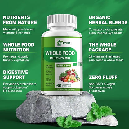 Multivitamins for Men 50 Plus, Whole Food Multivitamin Organic Based Superfoods Supplement for Men 50+ for Brain, Heart and Eye Health, Improve Digestion & Prostate Health, 120 Capsules