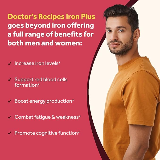 Doctor's Recipes Iron Supplement for Women Men - Gentle Iron Bisglycinate with Vitamin C, B6, Folate & B12 - Non-Constipating & Stomach Friendly Iron Pills for Blood & Energy Support, 30 Vegan Caps
