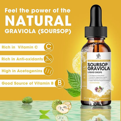 Premium Soursop Graviola for Digestion, Support Healthy Skin & Sleep, Soursop Extract Liquid Drop from Graviola Leaf and Fruit, Sugar/Caffeine/Gluten Free, Passion Fruit Flavor, 2 Fl Oz