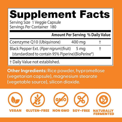 Doctors Best High Absorption CoQ10, Heart & Energy Support, USP Verified, Naturally Fermented CoQ10, Non-GMO Gluten Free, Soy Free, Vegan 180 Veggie Caps