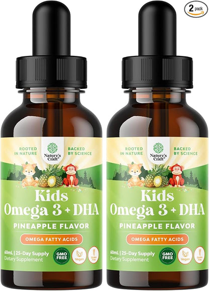 Kids DHA Omega 3 Drops - Fatty Acids Omega 3 6 9 for Brain, Immune Aid & Vision - Nutritional DHA for Kids for Healthy Nervous System & Focus Support - Liquid Supplement with EPA & ALA - 60 mL x2