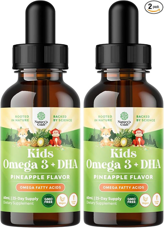 Kids DHA Omega 3 Drops - Fatty Acids Omega 3 6 9 for Brain, Immune Aid & Vision - Nutritional DHA for Kids for Healthy Nervous System & Focus Support - Liquid Supplement with EPA & ALA - 60 mL x2
