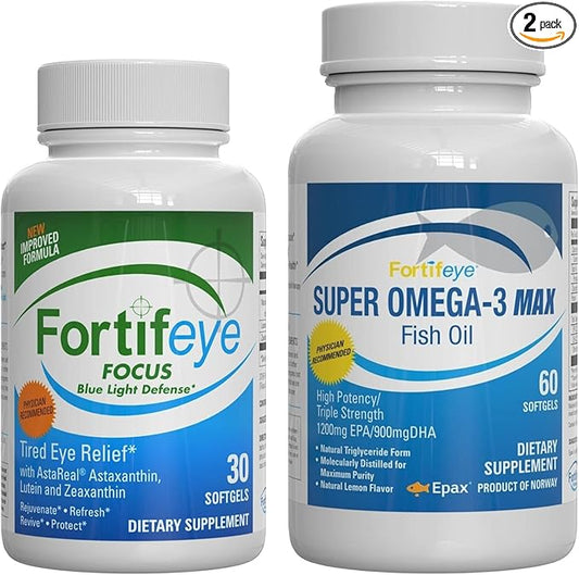 Fortifeye Blue Light and Heart Health Support Bundle | Fortifeye Super Omega Max 60 Ct & Fortifeye Focus 30 Ct