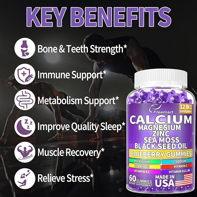 Calcium Magnesium Zinc Supplement Gummies Sugar Free for Women and Men Calcium Gummies Supplement Bone & Immune Support Made in USA 60 Counts Blueberry Flavor