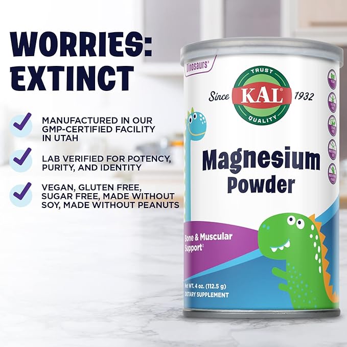 KAL Magnesium Powder, Magnesium for Kids, Pure Magnesium Citrate Powder, Healthy Bone Development, Muscle and Nerve Function Support, Vegan, Gluten Free, Sugar Free, 90 Servings, 4 oz