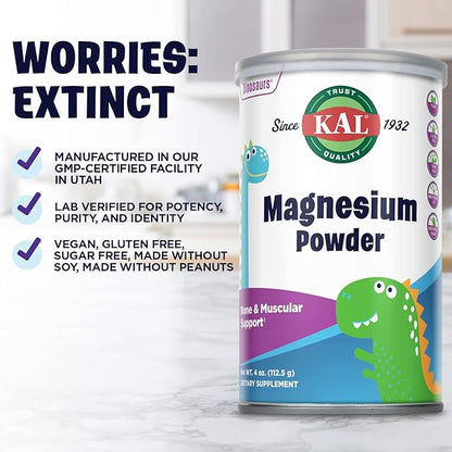 KAL Magnesium Powder, Magnesium for Kids, Pure Magnesium Citrate Powder, Healthy Bone Development, Muscle and Nerve Function Support, Vegan, Gluten Free, Sugar Free, 90 Servings, 4 oz