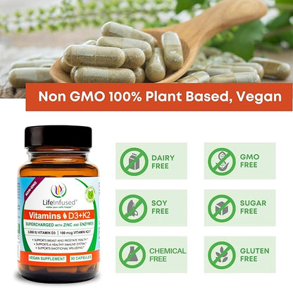 Life Infused Vitamin D3 + K2 Supercharged with Zinc and Enzymes, Help Maintain Healthy Immune System, Bone Health, Emotional Wellbeing, 90 Capsules.