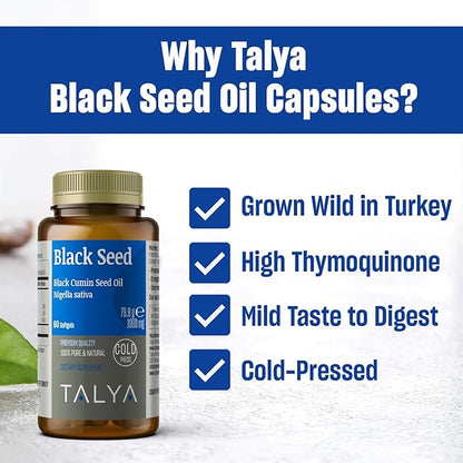 Black Seed Oil Softgel with High Thymoquinone - Immune Support - Digestive Health - Brain Function - Joint Mobility - Cold-Pressed from Non-GMO Turkish Black Cumin Nigella Sativa Seeds