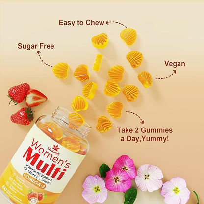 Womens Multivitamin Gummy with Omega 3（DHA/EPA), Vitamin D3 K2, Calcium, Inositol, Daily Womens Vitamin A C E B Complex, L-MethylFolate, Methyl B12,Sugar Free Methylated Multivitamins Minerals, 60Cts