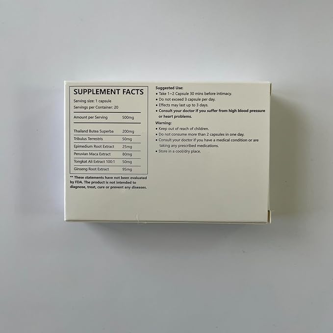 Nutrition Supplements, Tongkat Ali 100:1 Extract, Peruvian Maca, Horny Goat Weed, Ginseng Extract, Tribulus Terrestris, 20 Capsules (20 Counts (Pack of 1))