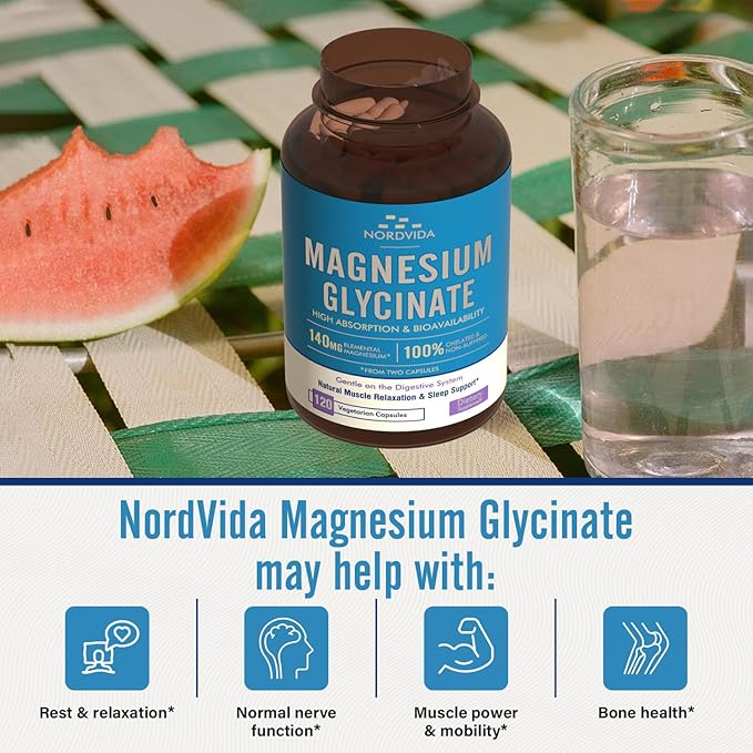 Magnesium Glycinate, 140 mg Elemental Magnesium Per Serving, Non Buffered, Max Absorption, Muscle Function, Nerve Health & Relaxation Support, 120 Vegetarian Caps