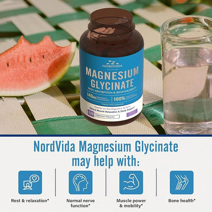 Magnesium Glycinate, 140 mg Elemental Magnesium Per Serving, Non Buffered, Max Absorption, Muscle Function, Nerve Health & Relaxation Support, 120 Vegetarian Caps