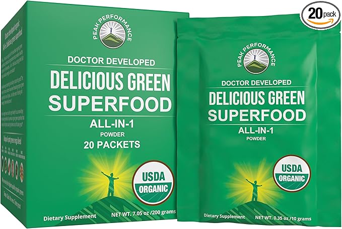 Peak Performance Organic Greens Superfood Powder Single Serve Travel Packets. Best Tasting Organic Green Juice Super Food with 25+ All Natural Ingredients for Max Energy. (20 Pack)