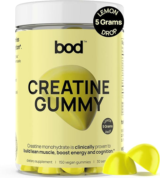 BOD Creatine Gummies, Creatine Monohydrate Gummies, Lemon Drop, for Muscle Support, and Energy Support, Pre Workout Supplement, 5g Creatine for Women and Men per Serving, 30 Servings, 150 Gummies