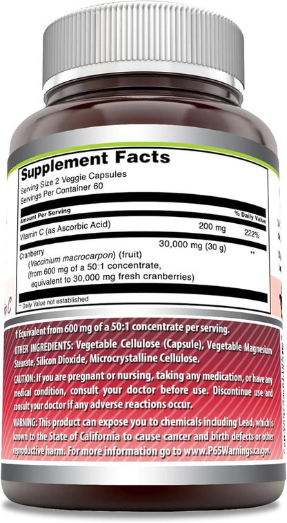 Amazing Formulas Cranberry Concentrate 30,000 mg with Vitamin C Supplement | Veggie Capsules | Super Strength | Non-GMO | Gluten Free | Made in USA (1 Pack, 120 Count)