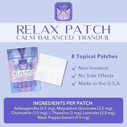 Laki Naturals Relax Patch (Pack of 8) | Natural Plant-Based Ingredients for Stress and Worry | Calming Formula for Better Sleep