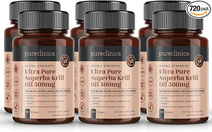 Ultra Pure Krill Oil 500mg x 720 Capsules (6 Bottles of 120) - Sourced in The Unpolluted Waters of Antarctic Providing a Rich Supply of Astaxanthin and Omega 3
