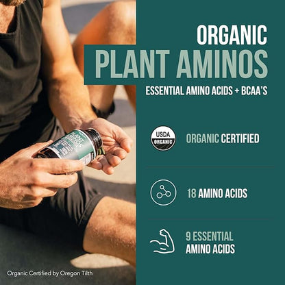 Plant Aminos Organic Essential Amino Acids (EAAs) & BCAA - 100% Plant-Based Raw, Vegan - All 9 Amino Acids with 18 Total Amino Acids (360 Tablets)