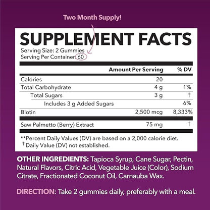 Saw Palmetto for Women with 2500mcg Biotin - DHT Blocker and Hair, Skin, Nail Health Gummies - 120 Count - Supports Stronger and Fuller Looking Locks and Radiant Skin - Vegan, Non-GMO, 2 Month Supply