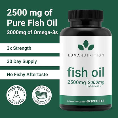 Luma Nutrition Omega 3 Fish Oil Supplement - Extra Strength 2500mg - 2000mg EPA & DHA - Brain and Heart Health - 60 Softgels