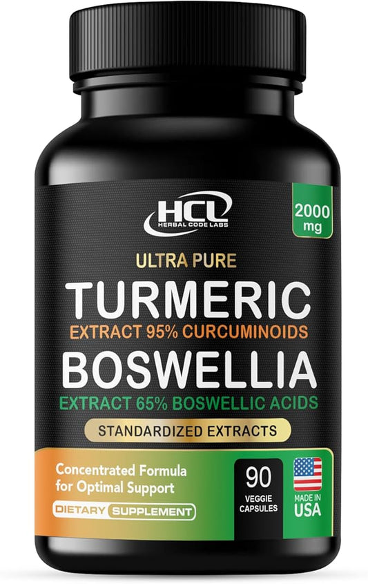 Turmeric Boswellia Extract Supplement 2000 mg – Extra Strength Boswellia Serrata with Turmeric Curcumin - 95% Curcuminoids and 65% Boswellic Acid - Standardized High Potency - Made in USA