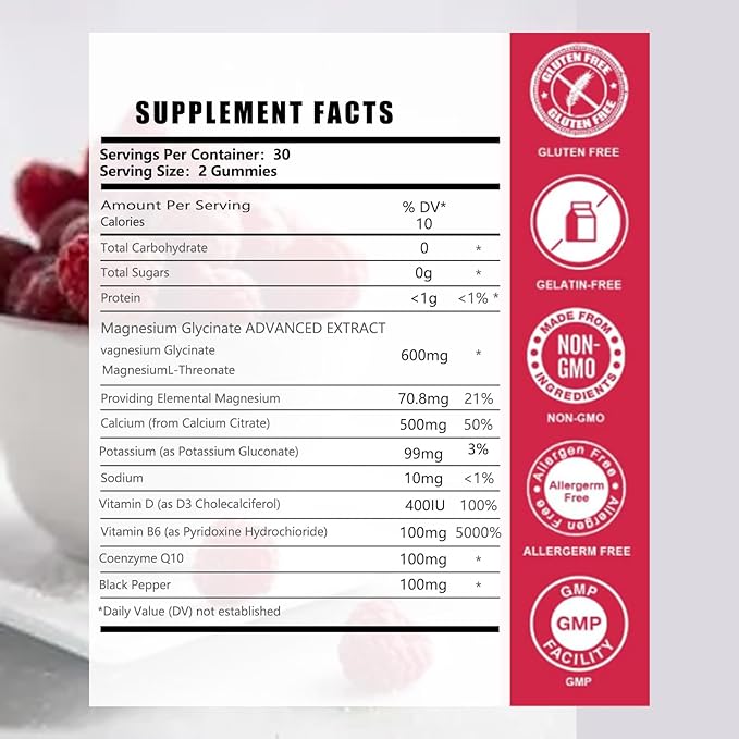 Magnesium Glycinate Gummies 600mg : Sugar-free Gummy Bears With Magnesium, Vitamin D, B6, and CoQ10 for Calm Support & Sleep for Adults & Kids,L-Threonate Multivitamin,Raspberry Flavor 60Count