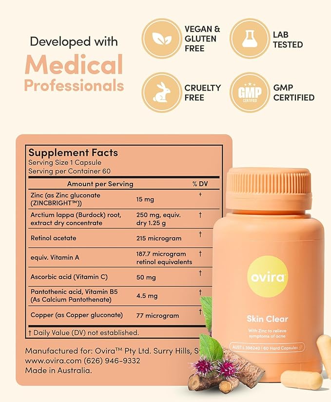Ovira Skin Clear with ZINCBRIGHT - 60 Capsules for Clear and Glowing Skin | Rosacea & Hormonal Acne Treatment | Support Collagen Production | Acne Supplements for Women & Men - Pack of 4