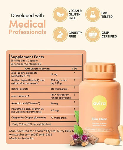 Ovira Skin Clear with ZINCBRIGHT - 60 Capsules for Clear and Glowing Skin | Rosacea & Hormonal Acne Treatment | Support Collagen Production | Acne Supplements for Women & Men - Pack of 4