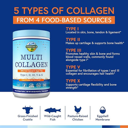Terranics Multi Collagen Peptides Powder, Type I II III V X Collagen for Women & Men, Collagen Supplements for Skin, Nail, Hair, Easy to Dissolve, Unflavored, No Sugar, Keto, 8oz