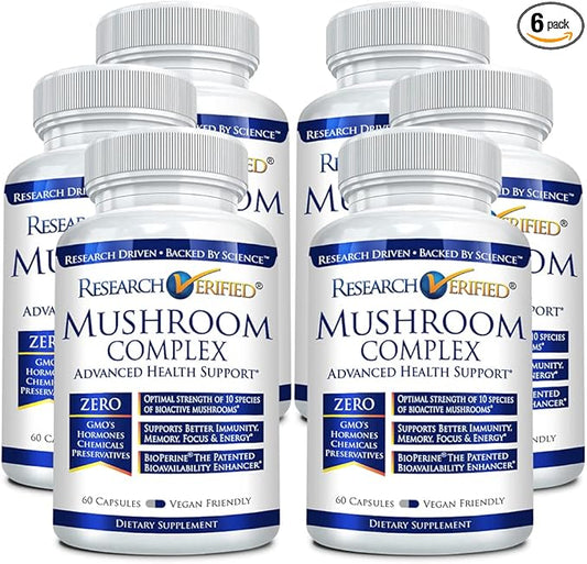 Research Verified Mushroom Complex - Support Immunity, Boost Antioxidants, Improve Cognitive Function - 10 Mushrooms Including Reishi, Maitake, and Shiitake - 360 Capsules - Vegan