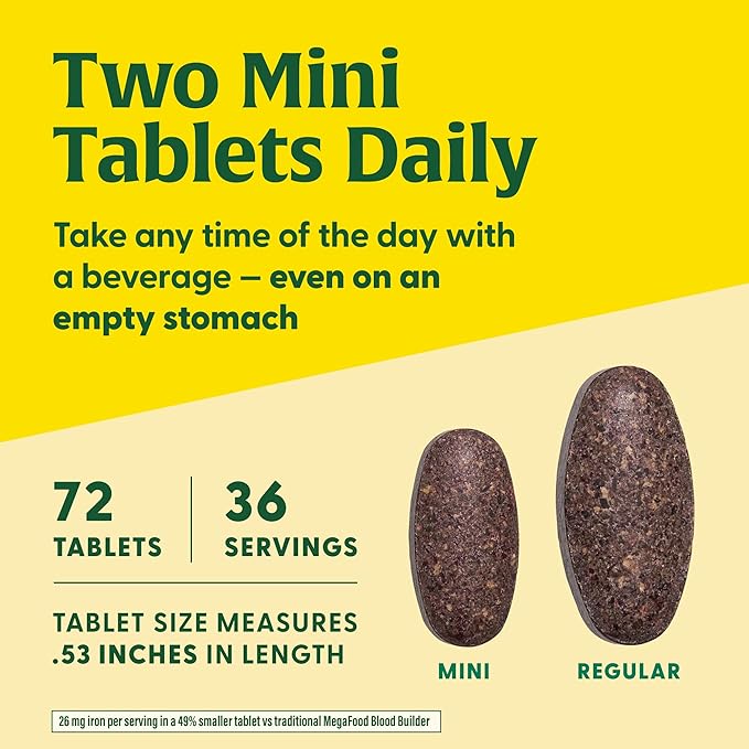 MegaFood Blood Builder Minis, Iron Supplement Clinically Shown to Increase Iron Levels Without Side Effects - Vegan Supplement with Vitamin C, Vitamin B12 & Folic Acid, 72 Tablets (36 Servings)