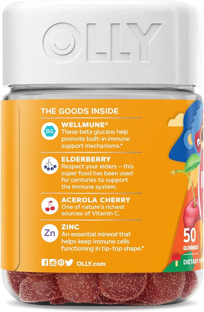 OLLY Kids Immunity Gummy, Immune Support, Wellmune, Elderberry, Vitamin C, Zinc, Chewable Supplement, Cherry - 50 Count