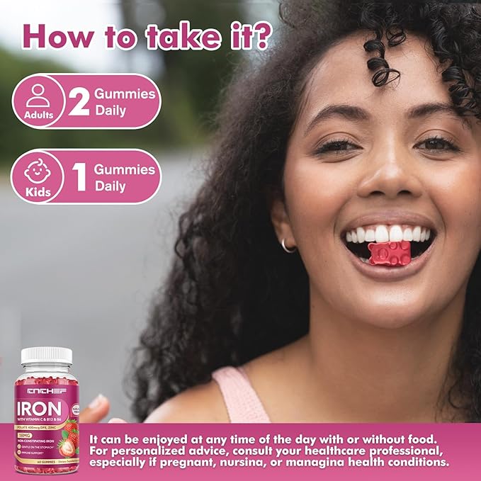 Iron Supplement for Women & Men Gummies, Multivitamin Blood Builder Iron Supplement with Folate Vitamin C B12 B6 Zinc for Adults & Kids - Energy Support - Strawberry Flavor, Vegan 60 Gummies
