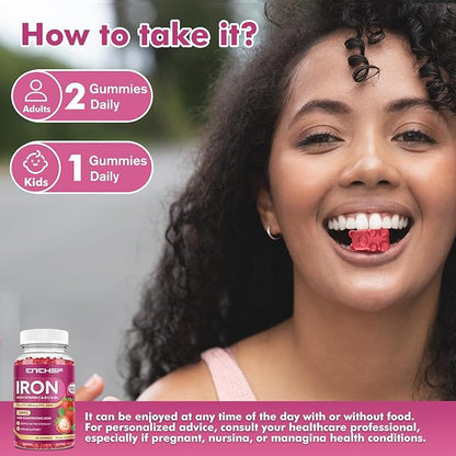 Iron Supplement for Women & Men Gummies, Multivitamin Blood Builder Iron Supplement with Folate Vitamin C B12 B6 Zinc for Adults & Kids - Energy Support - Strawberry Flavor, Vegan 60 Gummies