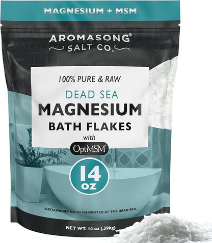 Aromasong RAW Magnesium Flakes + OptiMSM for Soaking 14 Oz. Resealable Pack - Muscle Relaxing Organic Bath Salts Magnesium Chloride Flakes.