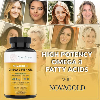 Omega 3 Burpless Fish Oil Supplement 2000mg Max Strength Maintain Healthy Heart, Sharper Brain, Shiny Hair, Boost Immune System, High Potency EPA & DHA Vitamin E, Non-GMO 120 Small Liquid Softgels