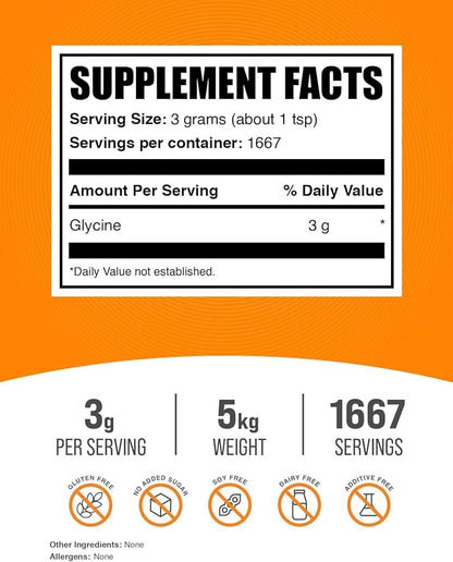 BulkSupplements.com Glycine Powder - Glycine Supplements, Amino Acid Supplement - Unflavored & Gluten Free, 3g per Serving, 1kg (Pack of 5) (11 lbs)