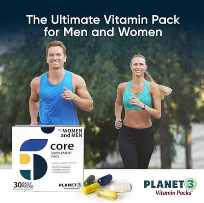 Planet 3 Vitamin Packs with Core Supplements | Heart, Eye and Immune Support with Elderberry Vitamin C and Zinc, Multivitamin, Omega 3, Vitamin D, Biotin, B12, Lutein, Daily Vitamins for Men and Women